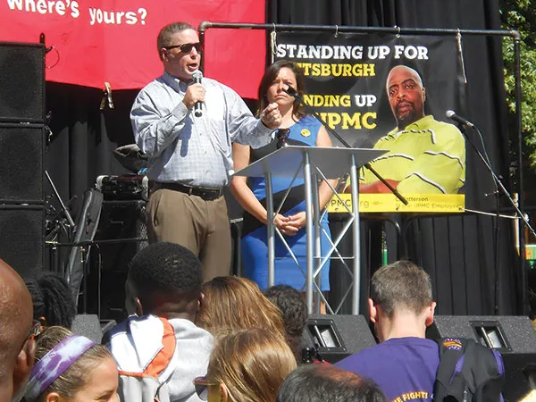 Pittsburgh City Controller Michael Lamb and Allegheny County Controller Chelsa Wagner at protest UPMC