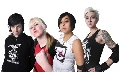 Team captains Christina Korekach (Twiggy Stardust) of Hot Metal Hellions; Lindsey Waltonbaugh (Damage Dahl) of Slumber Party Slashers; Dubraska Sosa (La Diabla) of The Wrecking Dolls; and Dana Valente (Dresta Kill) of the Bitch Doctors - ALL PHOTOS BY HEATHER MULL