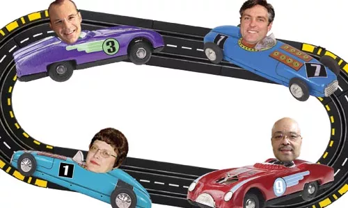 The race for five Pittsburgh City Council seats could determine whether Mayor Ravenstahl ends up in the winner's circle. Pictured clockwise from lower left are Darlene Harris, Bruce Kraus, Patrick Dowd and Ricky Burgess.