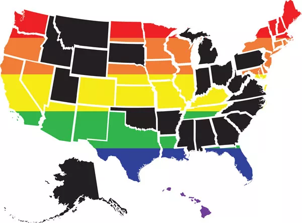 Twenty states nationwide (shaded in black) offer no hate-crime protections based on sexual orientation.