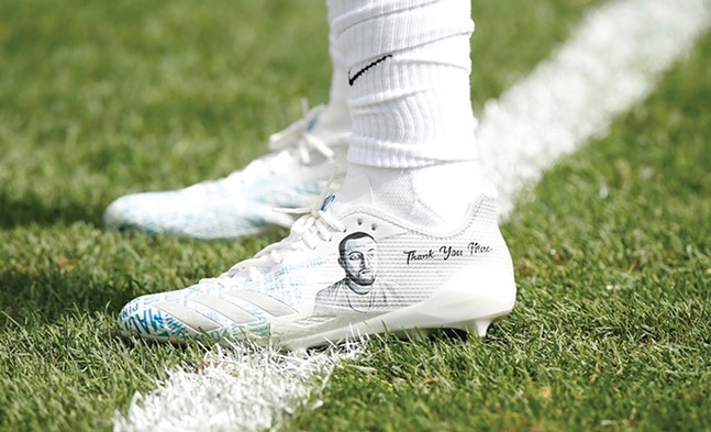 Steelers running back James Conner paid tribute to Miller on his cleats at Sunday’s game. - CP PHOTO: JARED WICKERHAM