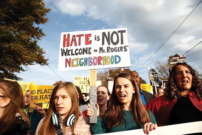 Multiple groups of marchers made their way to the Tree of Life synagogue last week during President Trump’s visit, three days after the mass shooting in Squirrel Hill. - CP PHOTO: JARED WICKERHAM