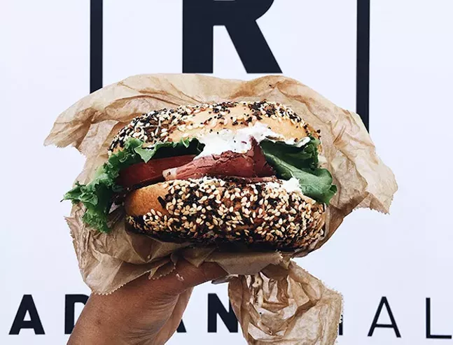 A bagel sandwich from Pigeon Bagels during a pop-up at Radiant Hall in Lawrenceville - PHOTO: SARA SAVAGE