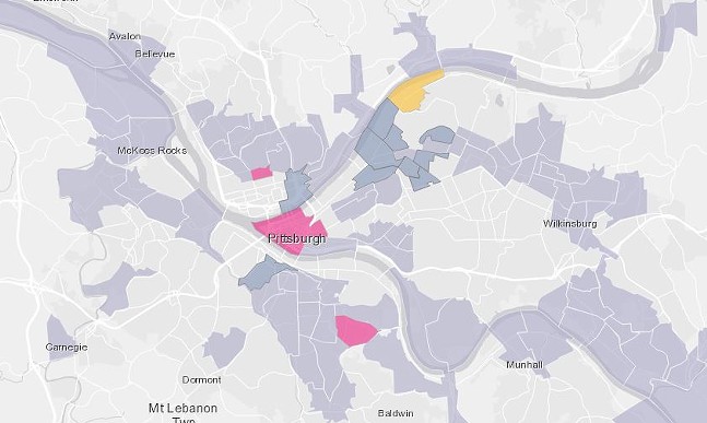 Map showing Pittsburgh gentrification and displacement. Dark gray sections are gentrified areas; pink represents Black displacement; and yellow is white displacement. - SCREENSHOT FROM NCRC.ORG
