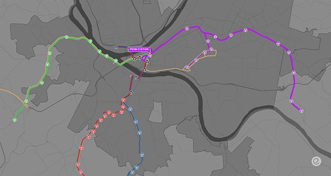 Mock-up of how the busways could be marketed, with the Purple Line going east and the Green Line going west. - IMAGE COURTESY OF PCRG