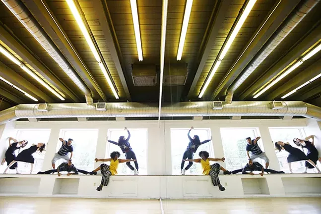 newMoves dancers (L-R) inside the KST Alloy Theater: Taylor Knight, Anna Thompson, Nick Daniels, Trevor C. Miles, Staycee Pearl, and Jessica Marino - CP PHOTO: JARED WICKERHAM