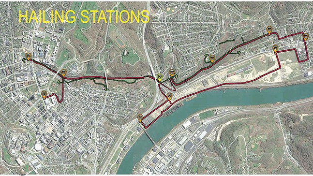 Proposed route of Mon-Oakland Connector with hailing stations - SCREENSHOT FROM MON-OAKLANDMOBILITY.COM