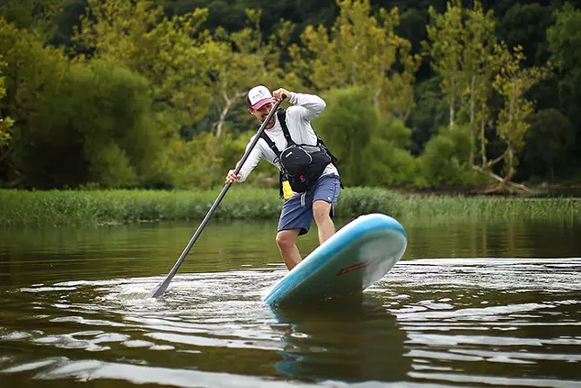 Ian Smith, founder of SurfSUP Adventures, leads a group on stand-up paddleboards through the islands of Oakmont Eco Tour on Fri., Aug. 23, 2019. - CP PHOTO: JARED WICKERHAM