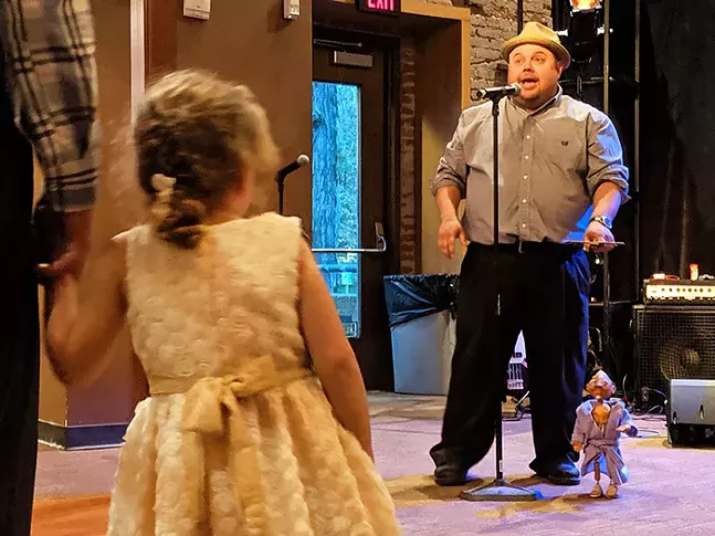 Dave English and puppet Stanley Onion give a sneak preview of his upcoming performance during New Hazlett Theater's CSA announcement party. - CP PHOTO: LISA CUNNINGHAM