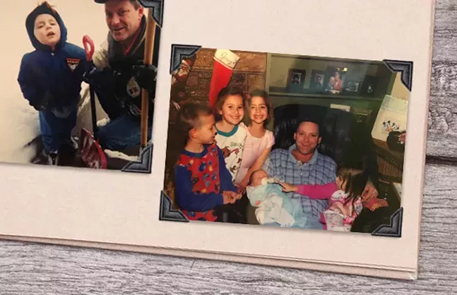 At left, Jerry shoveling snow with Shane, wearing the Steelers jacket Shane hangs over his door in remembrance; at right, Jerry flanked by Michael, a friend’s daughter, Maddie, and friend’s other daughter, after Shane was born.