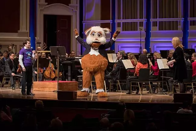 The Pittsburgh Symphony Orchestra’s Fiddlesticks in action with (L) Resident Conductor Andrés Franco and (R) guest vocalist Katy Williams. - ED DEARMITT/PITTSBURGH SYMPHONY ORCHESTRA.