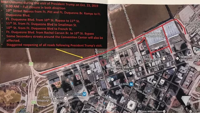 Picture of the road closures planned for Downtown Pittsburgh during Trump's visit - CP PHOTO: RYAN DETO
