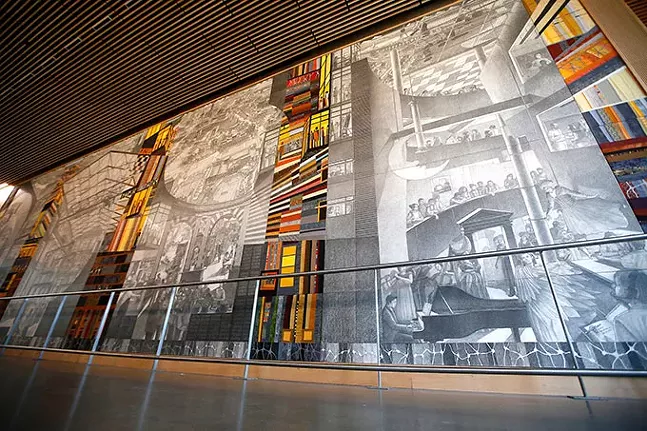 "The Collaborative Campus,” by Carnegie Mellon University School of Architecture faculty members Doug Cooper and Stefani Danes, on display outside of the Simmons Auditorium in the Tepper Building - CP PHOTO: JARED WICKERHAM