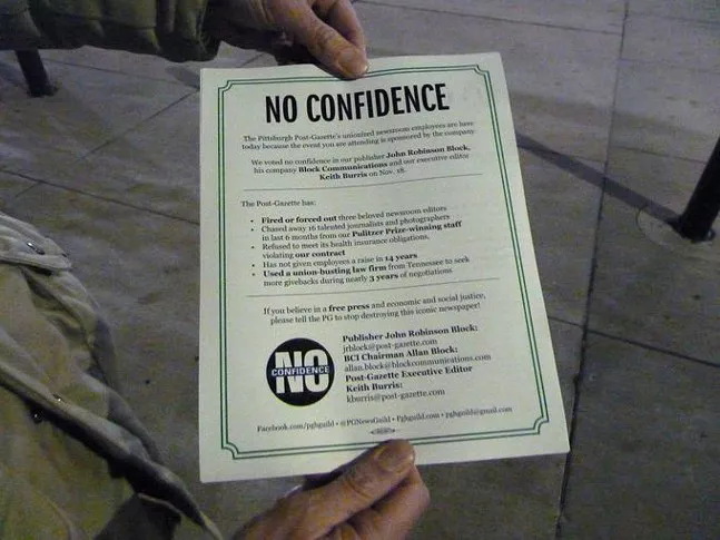 A flyer handed out by P-G journalists to inform people about their ongoing byline strike and vote of "no confidence" against management - CP PHOTO: ALEX GORDON