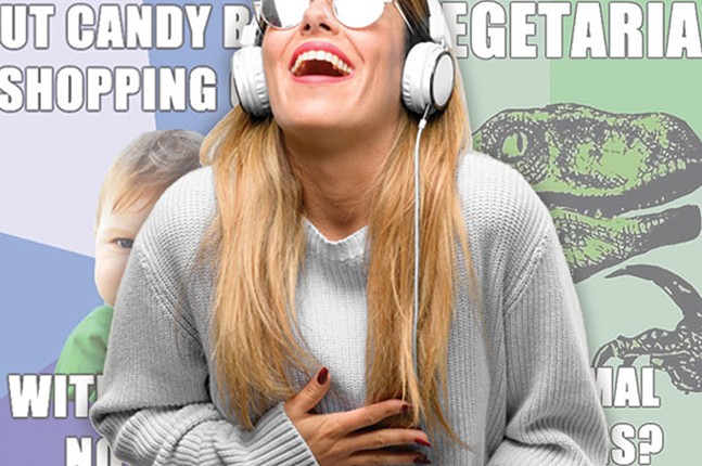 Stock photo of laughing woman wearing headphones and standing in front of two popular online memes