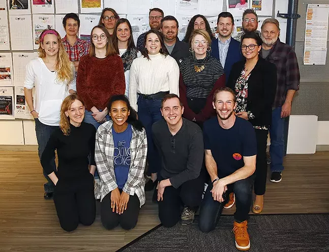 The staff at Pittsburgh City Paper: (front row, l-r) Abbie Adams, Jordan Snowden, Ryan Deto, Jared Wickerham; (second row, l-r) Lisa Cunningham, Hannah Lynn, Maggie Weaver, Bryer Blumenschein, Jasmine Hughes; (back row, l-r) Amanda Waltz, Jeff Schreckengost, Kaitlin Oliver, Zack Durkin, Josh Oswald, Josie Norton, Justin Matase, Alex Gordon, and Kevin Shepherd. Missing from photo: Blake Lewis and Jeff Engbarth - CP PHOTO: JARED WICKERHAM