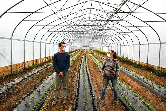 Chris Brittenburg and Aeros Lillstrom, owners of Who Cooks For You Farm, inside their greenhouse. - CP PHOTO: JARED WICKERHAM