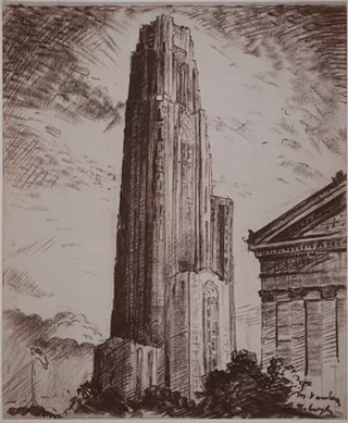 Sketch of the Cathedral of Learning from the Vanka Collection. - SOCIETY TO PRESERVE THE MILLVALE MURALS OF MAXO VANKA