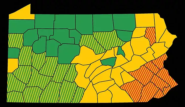 On Fri., June 5, 16 additional Pennsylvania counties (shown here in yellow-and-green stripes) will move to the green phase, and the remaining red counties (shown here in yellow-and-red stripes) will move to the yellow phase