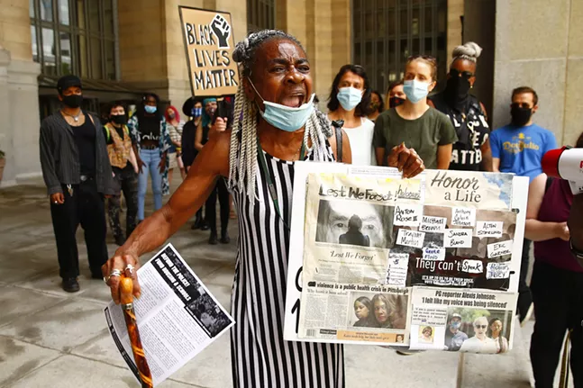Yvonne Brown, 73, gives an emotional speech about her experience as a Black woman in Pittsburgh during a youth-led march against police brutality and environmental racism in Downtown. - CP PHOTO: JARED WICKERHAM