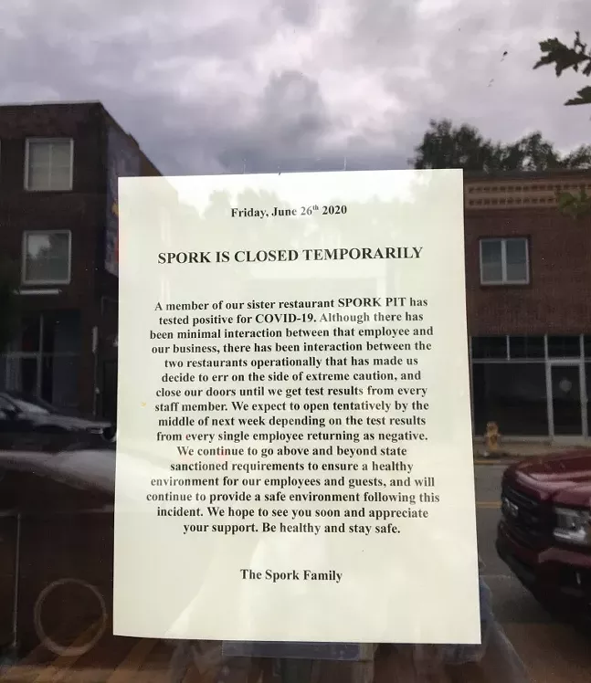 Closure notice at Spork placed after Spork Pit employee tested positive for coronavirus - CP PHOTO: HANNAH LYNN