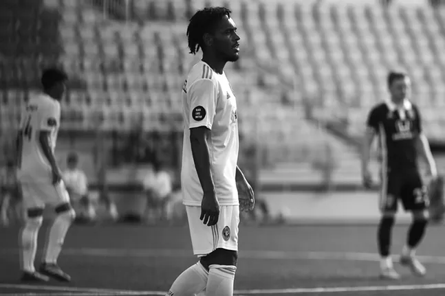 Thomas Vancaeyezeele #17 of the Pittsburgh Riverhounds wears a Black Lives Matter patch while playing against Indy Eleven at Highmark Stadium. - CP PHOTO: JARED WICKERHAM
