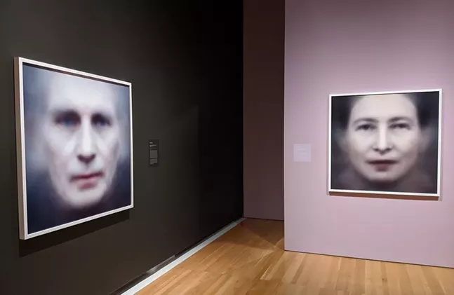 (Even the Dead Are Not Safe) Eigenface prints of Samuel Beckett (left) and Simone de Beauvoir (right) at CMOA's Trevor Paglen: Opposing Geometries exhibit - CP PHOTO: AMANDA WALTZ