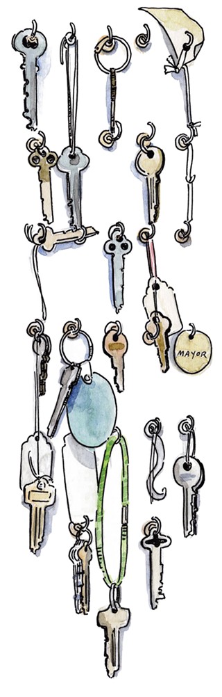 An assortment of keys collected over the years hanging in a vault in the City-County Building. - CP ILLUSTRATION: ABBIE ADAMS