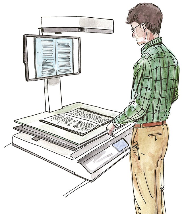 Archive assistant Charles Succop uses a large-scale book scanner in the records processing room on the second floor of the City-County Building. - CP ILLUSTRATION: ABBIE ADAMS