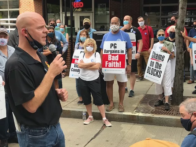 Darrin Kelly speaking to the crowd outside of the Pittsburgh Post-Gazette offices - CP PHOTO: RYAN DETO