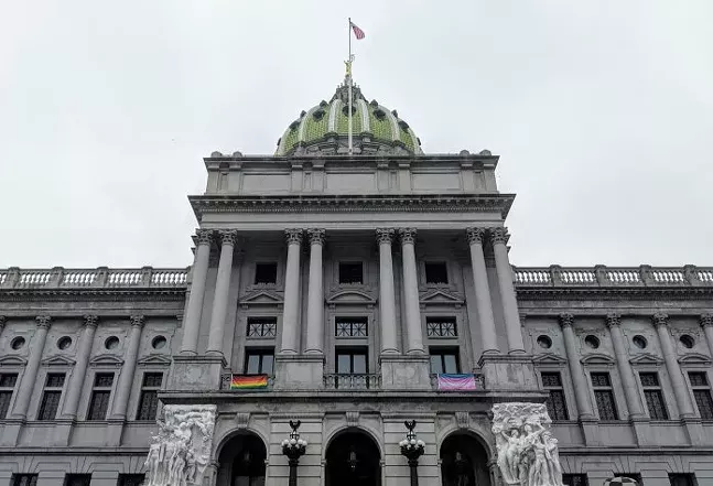 Pride flags are flown outside Lt. Gov. John Fetterman's capitol office - PENNSYLVANIA CAPITAL STAR PHOTO: SARAH ANNE HUGHES