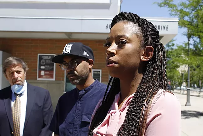 Alexis Johnson speaks to reporters at a Newspaper Guild of Pittsburgh press conference in June 2020. - CP PHOTO: JULIA MARUCA