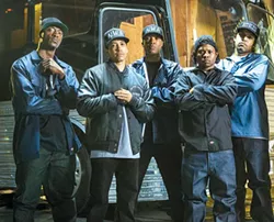 Boyz from the hood: MC Ren (Aldis Hodge), DJ Yella (Neil Brown Jr.), Dr. Dre (Corey Hawkins), Easy E (Jason Mitchell), Ice Cube (O’Shea Jackson Jr.)
