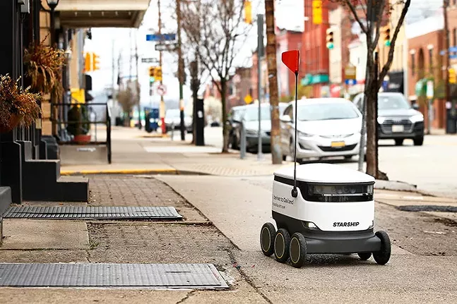 A Starship food delivery robot is seen along Liberty Avenue in Bloomfield in March 27. - CP PHOTO: JARED WICKERHAM