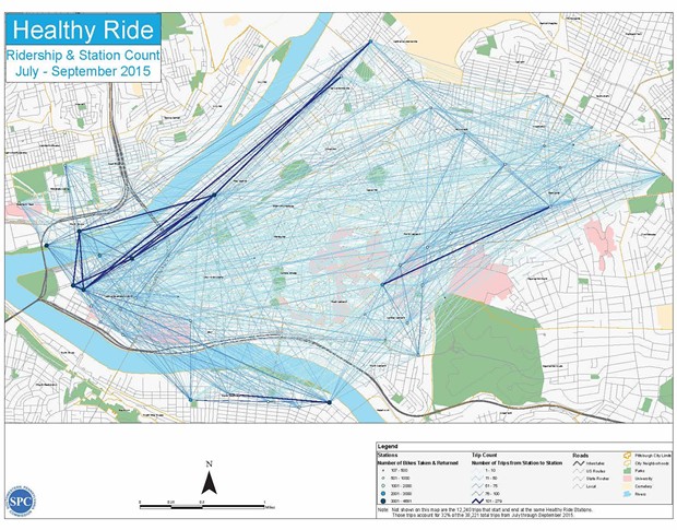 Pittsburgh's most popular Healthy Ride routes in dark blue. - IMAGE COURTESY HEALTHYRIDEPGH.COM