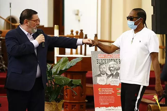 Pittsburgh Mayor Bill Peduto speaks during the Jubilee Parade Memorial Service and Black Voting Rights Forum on Sat., Aug. 29, 2020. - CP PHOTO: JARED WICKERHAM
