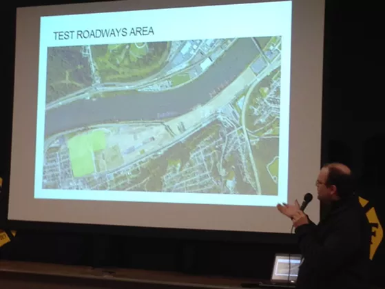 Dan Beaven of Uber presented the company's plans to develop a section of the Almono site in Hazelwood. - PHOTO BY RYAN DETO