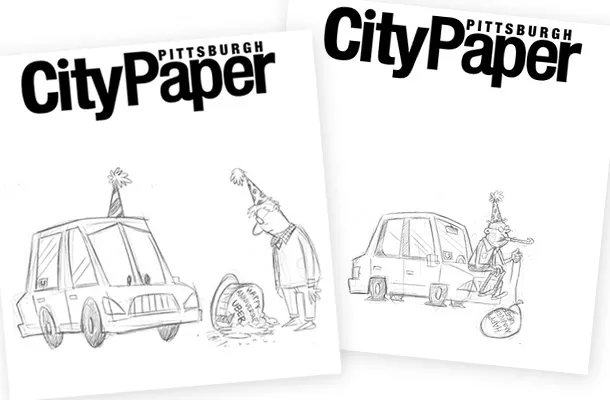 Sketches from this week’s Pittsburgh City Paper cover illustration. We picked the one on the left for this week’s cover; the one on the right turned into the main artwork for our news story.