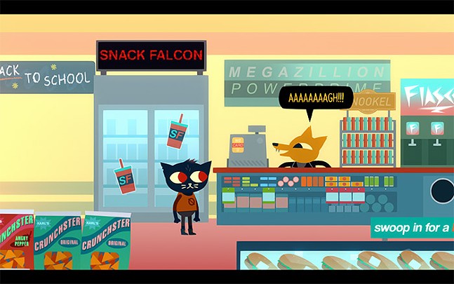 Inside of Snack Falcon at night in the forest