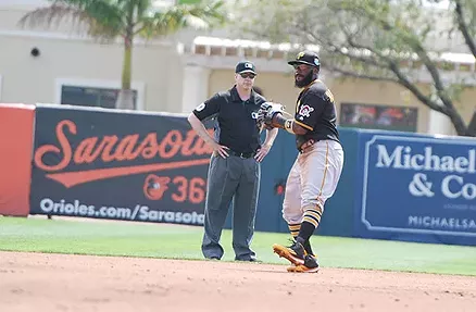 Josh Harrison on the field during a spring-training game against the Orioles - PHOTO BY CHARLIE DEITCH