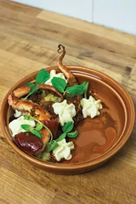 Morcilla: Pulpo Escabeche from Morcilla: octopus, new potato, potato espuma, pimentón and olive oil - PHOTO BY SARA WILSON