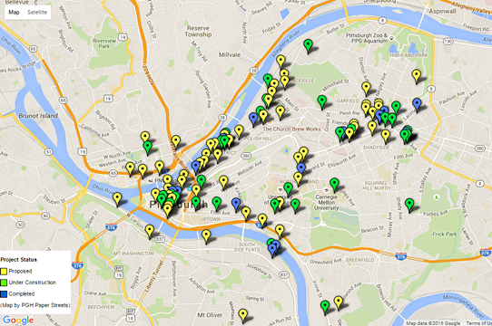 Development shown in pins across Pittsburgh - IMAGE COURTESY OF PGHPAPERSTREETS.COM