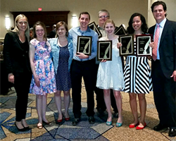 City Paper staff (from left) Deanna Konesni, marketing director; Ashley Murray, multimedia editor; Margaret Wesh, music editor; Ryan Deto, staff writer; Charlie Deitch, editor; Celine Roberts, listings editor; Rebecca Nuttall, staff writer; and Vance Smith, publisher, at Thursday's Golden Quill Awards at the Sheraton Station Square - CITY PAPER PHOTO