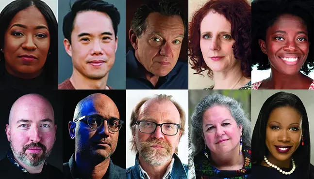 Pittsburgh Arts & Lectures Ten Evenings authors, clockwise from top left: Brit Bennett (Photo: Emma Trim), Charles Yu (Photo: Tina Chiou), Lawrence Wright (Photo: Kenny Braun), Maggie O'Farrell (Photo: Murdo Macleod), Yaa Gyasi (Photo: Peter Hurley), Douglas Stuart (Photo: Martyn Pickersgill), Ayad Akhtar (Photo: The Tuesday Agency), George Saunders (Photo: Zach Krahmer), Robin Wall Kimmerer (Photo: Dale Kakkak), and Isabel Wilkerson (Photo: Joe Henson)
