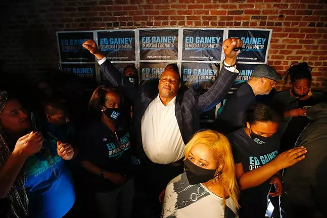 Ed Gainey celebrates his win during his Election Night watch party on Pittsburgh's North Side on Tue., May 18, 2021. - CP PHOTO: JARED WICKERHAM
