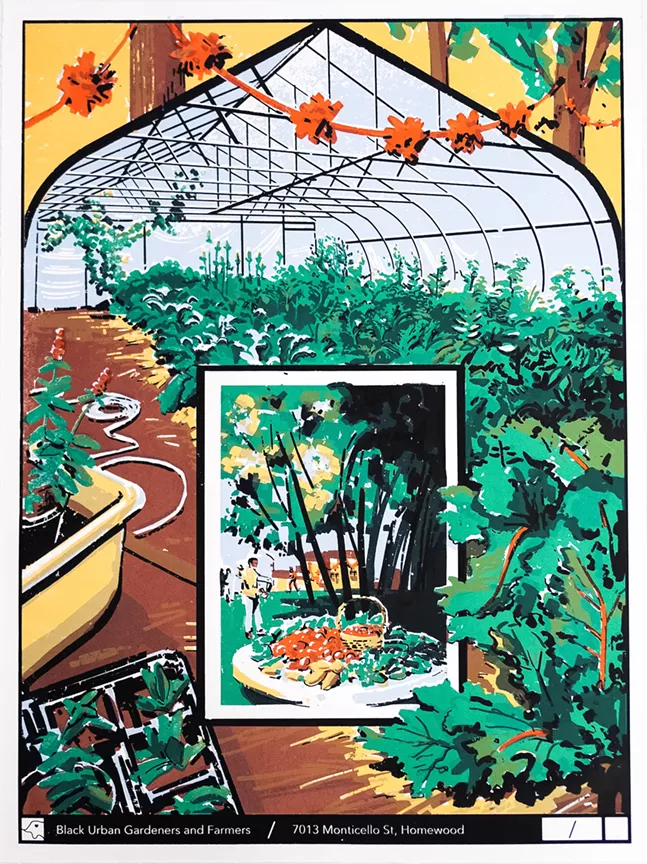Barber's silkscreen print of Black Urban Gardeners and Farmers' location in Homewood. - COURTESY OF CHARLIE BARBER