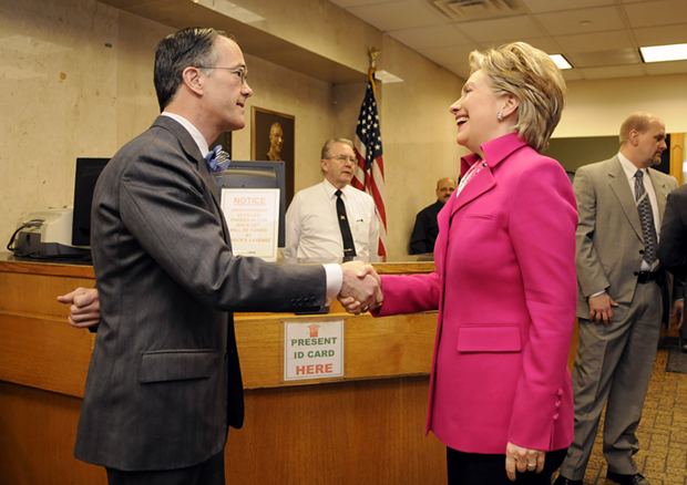 Post-Gazette Publisher John Robinson Block getting a photo with Hillary Clinton, although not on a private plane