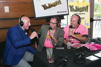 Fashion designer David Alan, with John “Ya Jagoff” Chamberlain and co-host Craig Tumas at the “Real Men Wear Pink” podcast event on Fri., Sept. 30, at Jerome Bettis Grille 36 - CP PHOTO BY JOHN COLOMBO