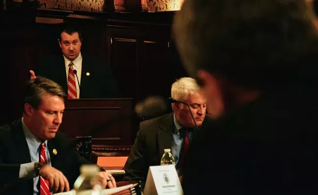 Rep. Seth Grove questions Wolf administration officials during a Feb. 13, 2019 budget hearing in the Capitol - CAPITAL-STAR PHOTO BY STEPHEN CARUSO
