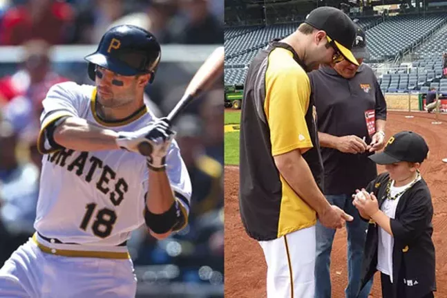 From our 2013 cover story, "Hometown Hero": Neil Walker, at bat (left); Walker signs a ball for fan Bradyn Roberts.